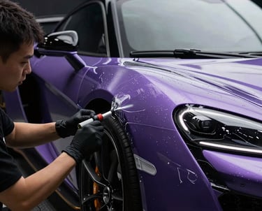 Professional technician applying clear paint protection film to a purple luxury sports car.