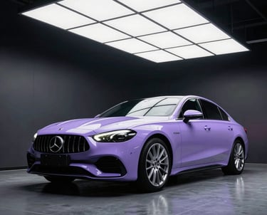 A sleek purple Mercedes-Benz AMG sedan showcased in a modern studio with grid ceiling lights.