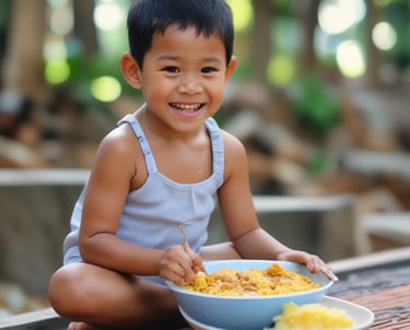 Children happily eating fortified rice meals in a Philippine school.