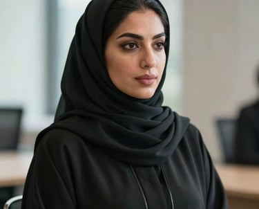 A professional portrait of a Middle Eastern female executive in business-appropriate Abaya, looking professional and trustworthy, soft natural light.