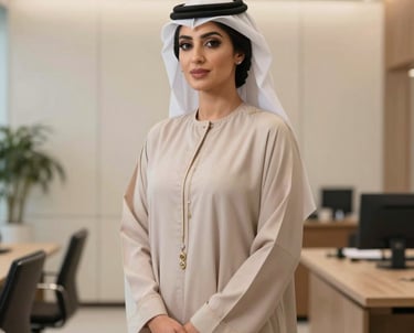 A professional portrait of a woman in elegant Emirati attire, standing in a bright modern office with cream-colored walls, soft professional lighting.