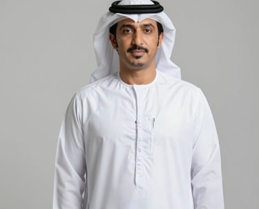 A professional portrait of an Emirati male manager in a white Kandura, standing against a neutral light grey background, looking composed and reliable.