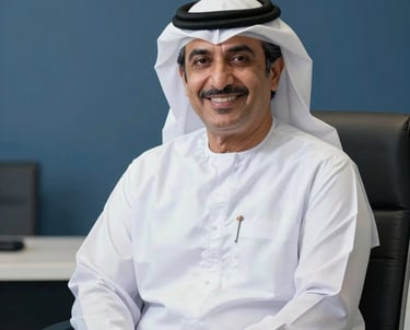 A professional portrait of a high-ranking executive in a white Kandura, smiling confidently in a corporate setting with slate blue accents, Middle Eastern / Gulf / Emirati style.