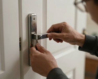 A locksmith in uniform unlocking a residential door at dusk with a friendly smile.