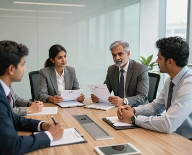 Indian professionals in a modern corporate office discussing business compliance documents.