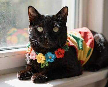 gato negro con blusa de colores llamativosy collar de flores