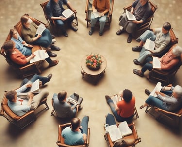 Abstract red and gold arcs symbolizing connection and flow.