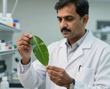 A professional portrait of a South Asian / Pakistani agricultural expert in a white coat, examining a healthy mango leaf in a high-tech lab. He represents scientific excellence and agricultural heritage.