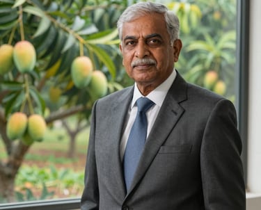 A professional portrait of a senior South Asian / Pakistani male executive in a tailored suit, standing in front of a window overlooking a lush mango orchard. He conveys authority, trust, and deep industry knowledge.