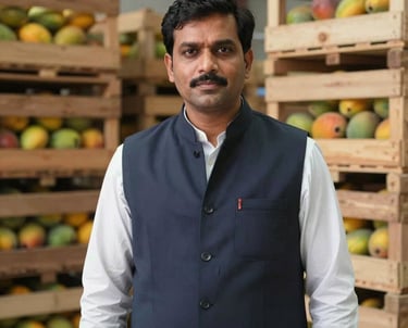 A professional portrait of a South Asian / Pakistani man in his 40s wearing a modern vest, standing in a warehouse with stacked wooden mango crates. He looks reliable and experienced in global logistics.