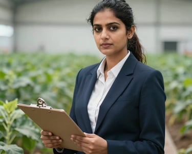A professional portrait of a South Asian / Pakistani woman in smart business attire, holding a clipboard in a clean agricultural facility. She represents quality control, precision, and modern professionalism.
