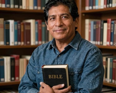 Portrait of a South American man in his 30s, looking knowledgeable and friendly, standing in the Christian literature section of a bookstore. He represents expertise in Bibles and devotionals.