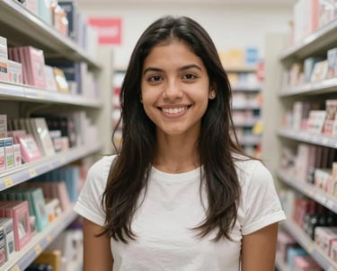 Portrait of a young South American woman in her 20s, smiling, standing in a bright stationery section of the store. She represents the friendly and welcoming customer service of the brand.