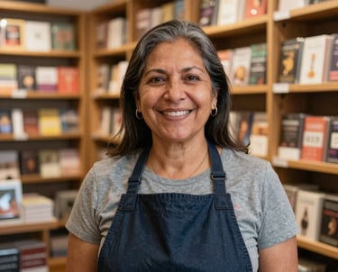 Portrait of a friendly South American woman in her late 40s, the founder of the store, smiling warmly in a professional yet approachable manner, standing in front of organized shelves in a modern bookstore.