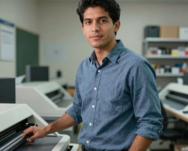 Portrait of a young South American man in his mid-20s, standing near a professional printing station in a clean, organized retail environment. He looks professional and ready to help.