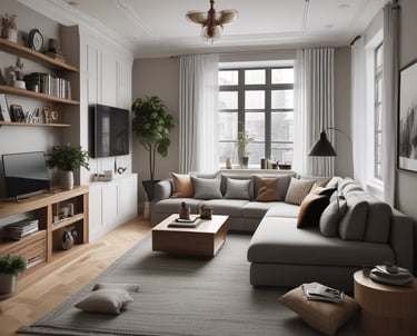 A sleek living room with neutral tones, clean lines, and minimal decor accents.