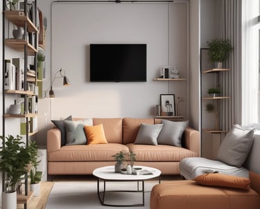A bright, airy living room featuring sleek, minimal furniture in soft neutral tones.