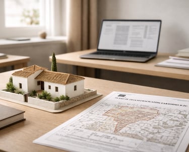 Mesa de trabajo de consultoría de patrimonio con plano de delimitación de entorno BIC, maqueta de re