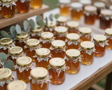 A warm lifestyle photograph in a North American / US outdoor celebration setting, showcasing a beautifully decorated favor table with small honey jars featuring golden lids and floral twine accents next to eucalyptus leaves.
