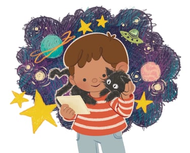niño leyendo a un gato he imaginado mundos galacticos