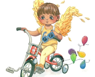 Niño con alas en bisicleta y globos de colores