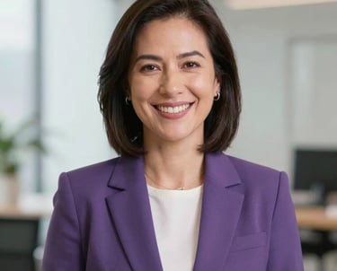 Professional portrait of Tielen Ribeiro, founder of Zempreender. She is smiling confidently, wearing professional attire with subtle purple accents, in a bright, modern studio setting.