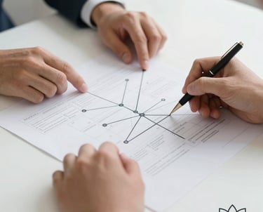 A high-quality image of professional hands working on a strategy map on a clean white desk, with a geometric lotus symbol in the corner.