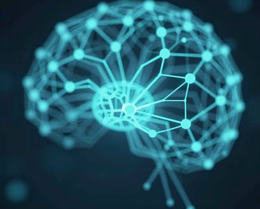 An abstract visualization of digital neural networks in cyan tones, representing the hybrid use of Artificial Intelligence in marketing strategies.