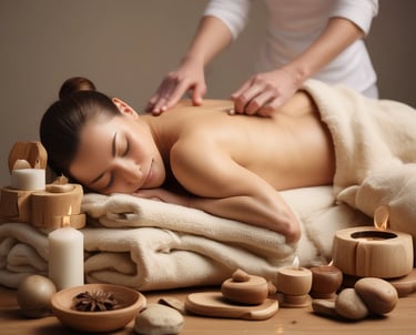 A serene massage session in a softly lit room with calming decor.