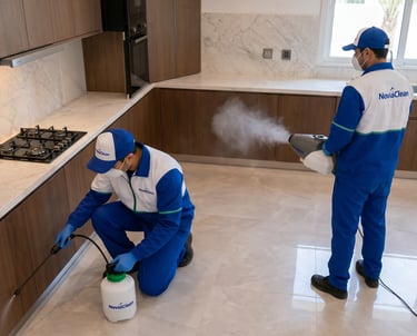فني NoviaClean بزي موحّد يحمل شعار الشركة ينفذ مكافحة حشرات في جدة بمواد آمنة