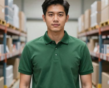 A professional portrait of a young Thai man wearing a clean #4A6C5B green polo shirt, standing in front of a clean, organized warehouse environment. Trustworthy and capable look.