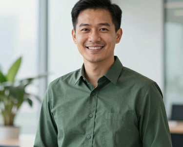 A professional portrait of a Thai male executive in a smart #1E3A2F dark green shirt, smiling warmly against a bright, professional office backdrop with greenery.