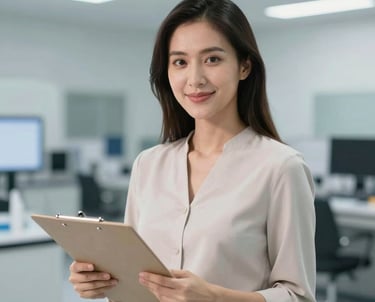 A professional portrait of a Thai woman in a neutral #F5F6F3 blouse, standing in a modern, brightly lit quality testing facility, holding a clipboard. Professional and trustworthy mood.