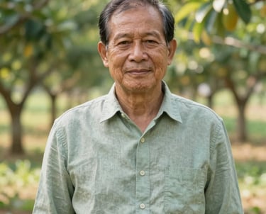 A professional portrait of an elderly Thai man, an agricultural advisor, wearing a light sage green (#A0BBAA) linen shirt, standing in a sunny orchard. Natural, warm lighting.