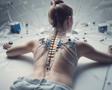 Person using electrical stimulation equipment in a bright, accessible gym setting.