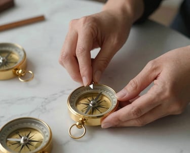 Detail of a woman's hands elegantly arranging golden compass or luxury tools on a marble desk. Focus on the sense of direction and purpose.