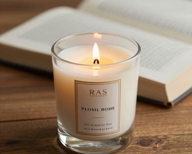 A close-up of a high-end luxury candle and an open book on a wooden surface, suggesting peace and inner alignment. Soft, warm lighting.