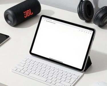 A sleek modern sound system setup with tech gadgets displayed on a wooden table.