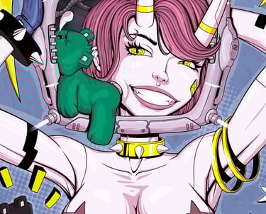 Cyberpunk anime girl illustration with pink hair, demon horns, and a teddy bear mascot - by Unicris.