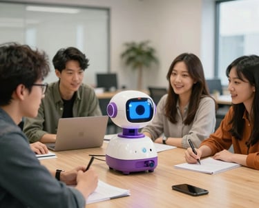 A sleek AI chatbot interface on a smartphone screen surrounded by digital icons representing automation.