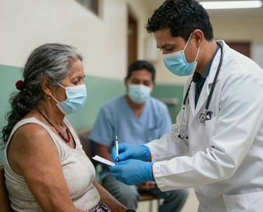 A healthcare team providing medical attention in a rural village setting.