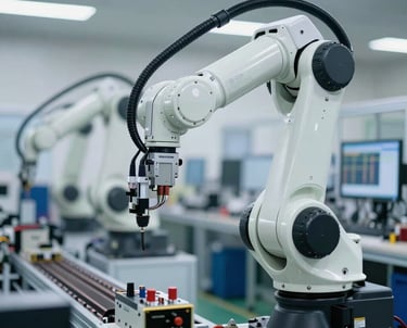 Close-up of a technician inspecting a servo motor with precision tools in a modern industrial setting.