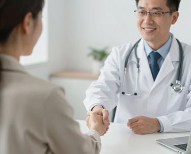 Business professionals discussing healthcare benefits in a modern office setting.