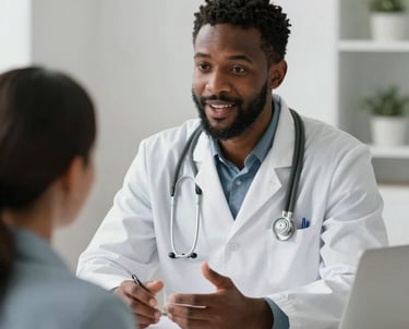A friendly doctor engaging with a patient during a video consultation on a laptop.