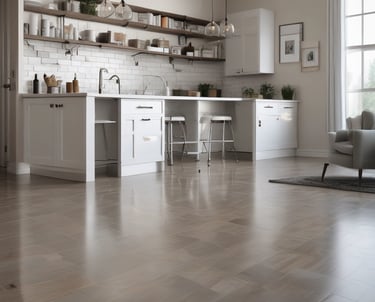 A friendly cleaner in uniform smiling while carefully wiping a kitchen countertop in a bright, tidy home.