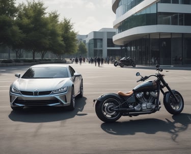 A happy family standing beside their car, smiling in a sunny park.