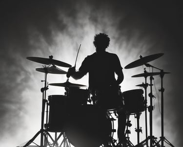 A minimalist portrait of Fabs playing drums with a blue, gray, and black color palette background.