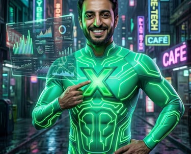 Captain Insight in a neon green superhero suit viewing digital data analytics in a cyberpunk city.