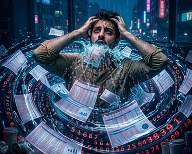 Stressed Data Analyst  drowning in a whirlpool of financial data and spreadsheets.