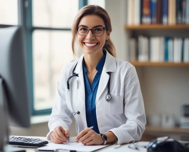 A friendly doctor consulting with a patient in a bright clinic room.